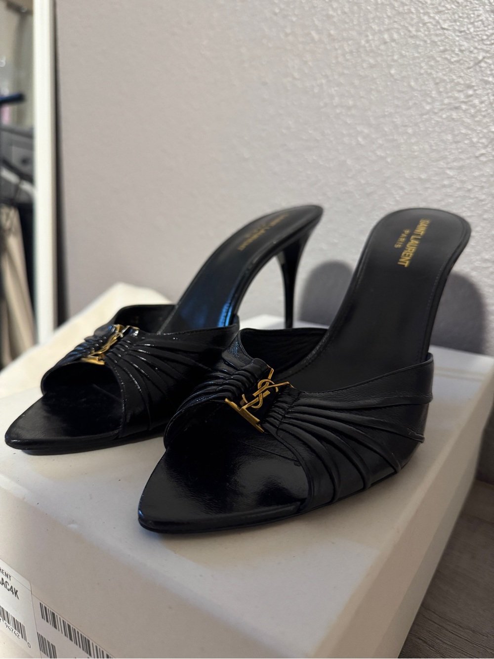 Yves Saint Laurent Black Leather Gold-Logo Stiletto Mules